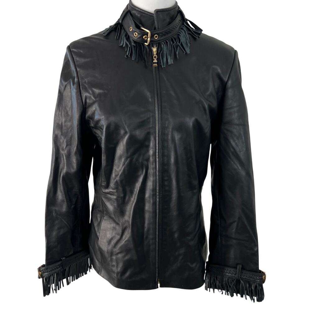 St. John Sport By Marie Gray SZ 6 Black Leather Jacket‎ Removable Fringe Collar